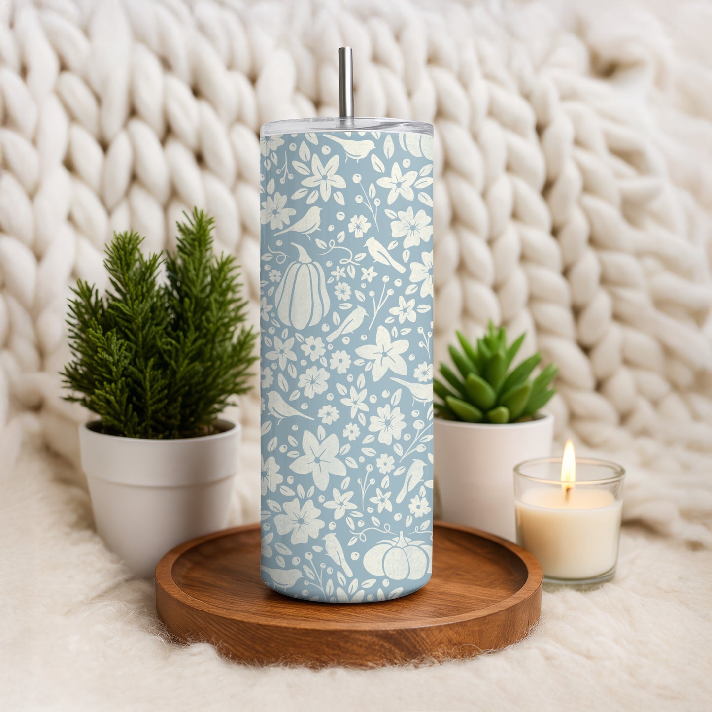 Winter Pumpkins & Birds Tumbler Wrap PNG | Floral 20oz Skinny Tumbler Design