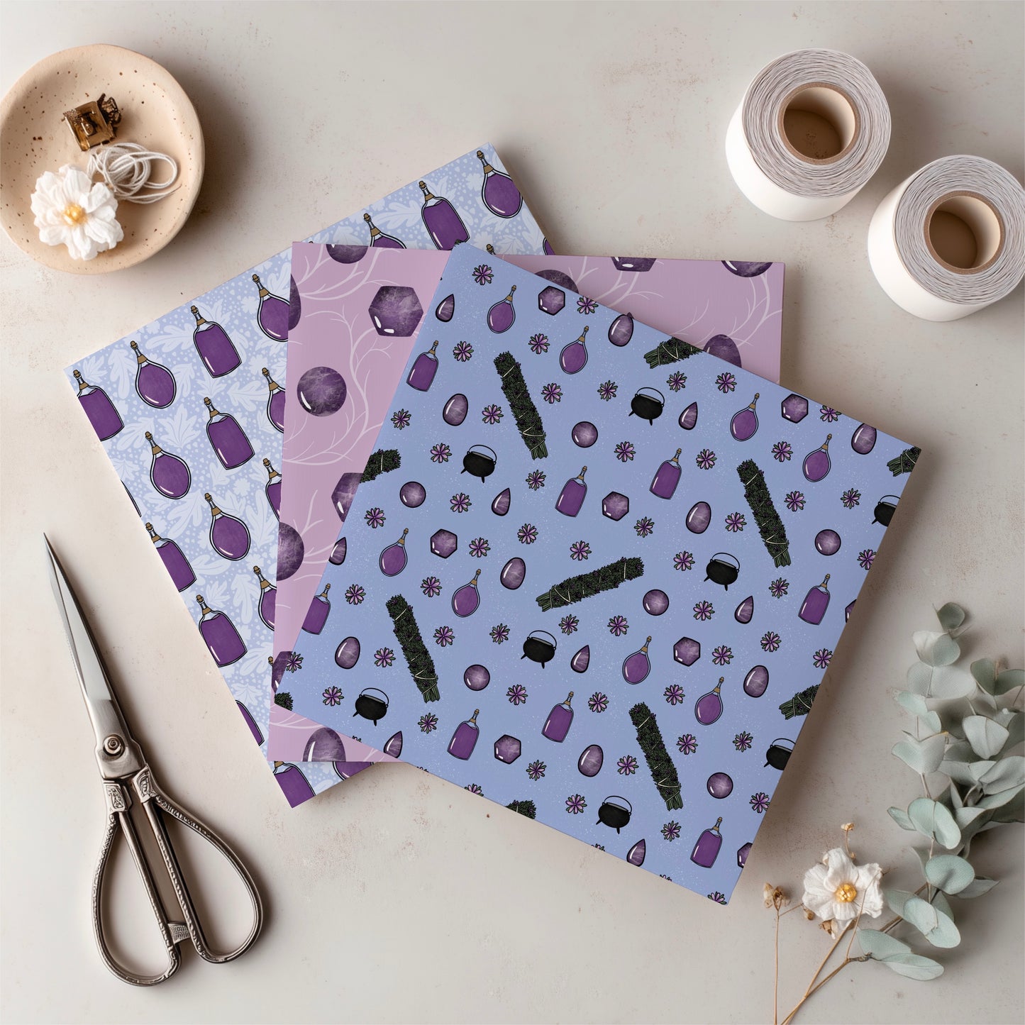 Mystic Witchy Digital Paper Pack | Sage, Gemstones & Doodle Flowers | Boho Magical Backgrounds for Creative Projects