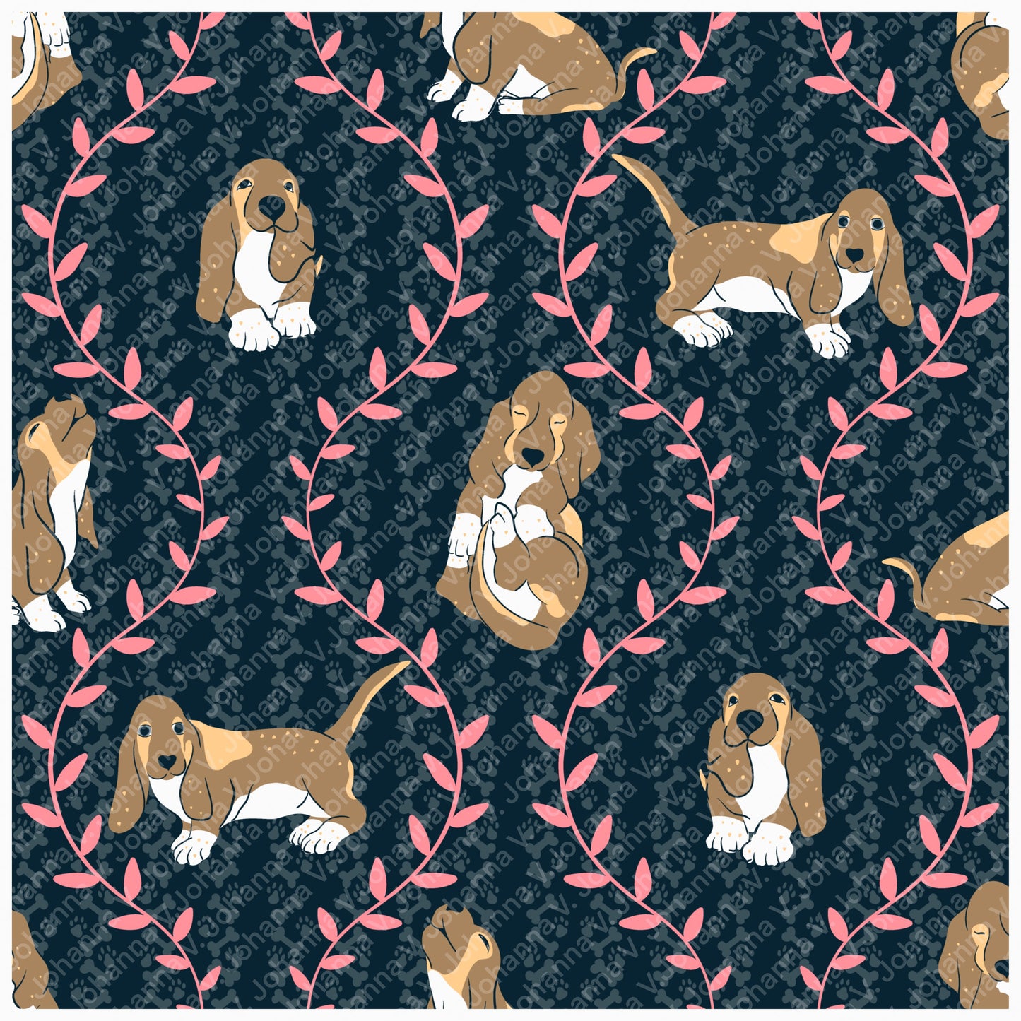 Basset Hound Seamless Pattern Bundle Black | Florals, Botanicals & Dog Toys | 12x12” PNGs | Digital Download
