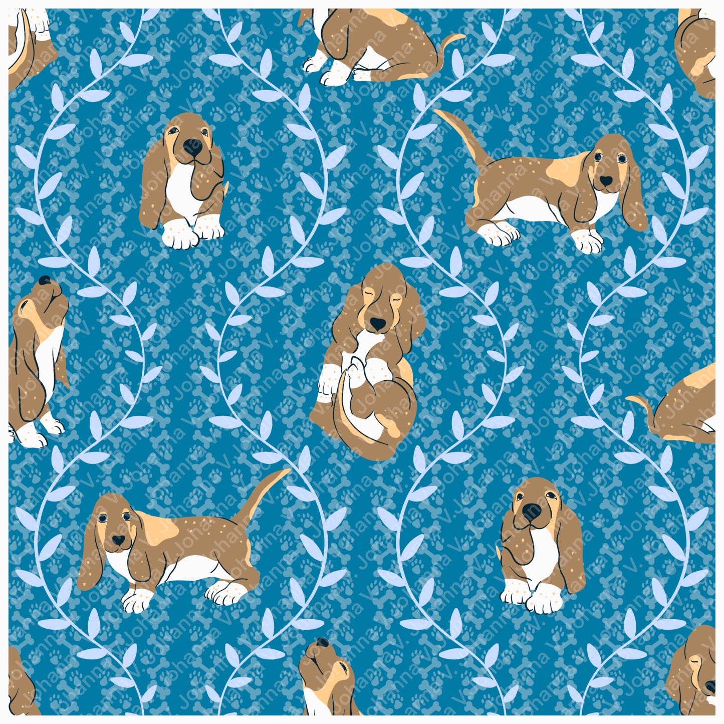 Basset Hound Seamless Pattern Bundle Blue | Florals, Botanicals & Dog Toys | 12x12” PNGs | Digital Download