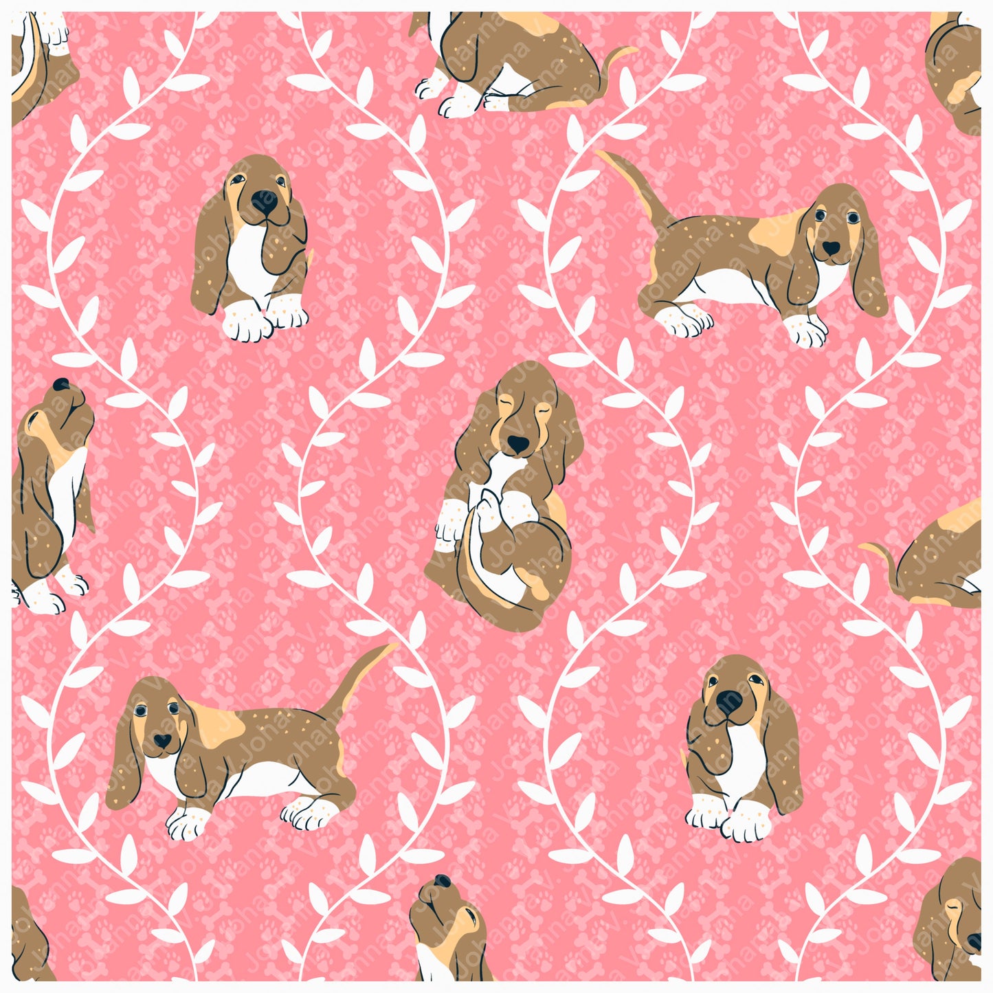 Basset Hound Seamless Pattern Bundle Pink | Florals, Botanicals & Dog Toys | 12x12” PNGs | Digital Download