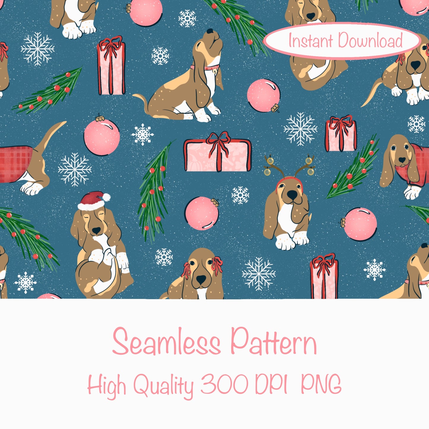 Christmas Basset Hound Seamless Pattern Blue | Holiday Dog Print | 12x12” PNG Digital Download Christmas Basset Hound Seamless Pattern | Holiday Dog Print | 12x12” PNG Digital Download