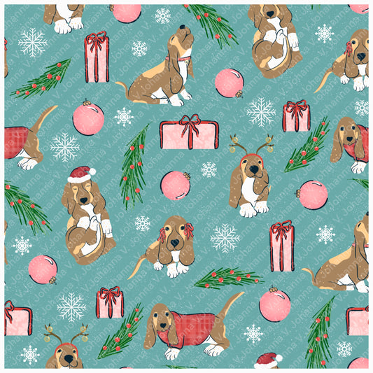 Christmas Basset Hound Seamless Pattern Blue Green | Holiday Dog Print | 12x12” PNG Digital Download Christmas Basset Hound Seamless Pattern | Holiday Dog Print | 12x12” PNG Digital Download