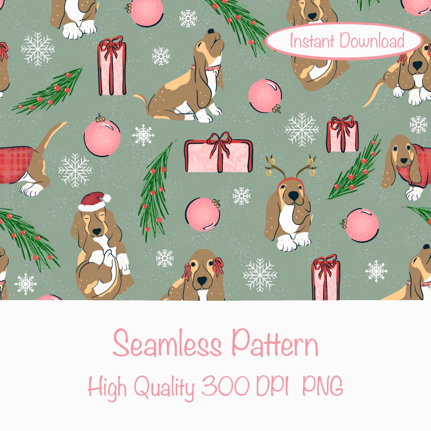Christmas Basset Hound Seamless Pattern Green | Holiday Dog Print | 12x12” PNG Digital Download Christmas Basset Hound Seamless Pattern | Holiday Dog Print | 12x12” PNG Digital Download