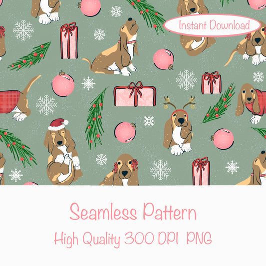 Christmas Basset Hound Seamless Pattern Green | Holiday Dog Print | 12x12” PNG Digital Download Christmas Basset Hound Seamless Pattern | Holiday Dog Print | 12x12” PNG Digital Download