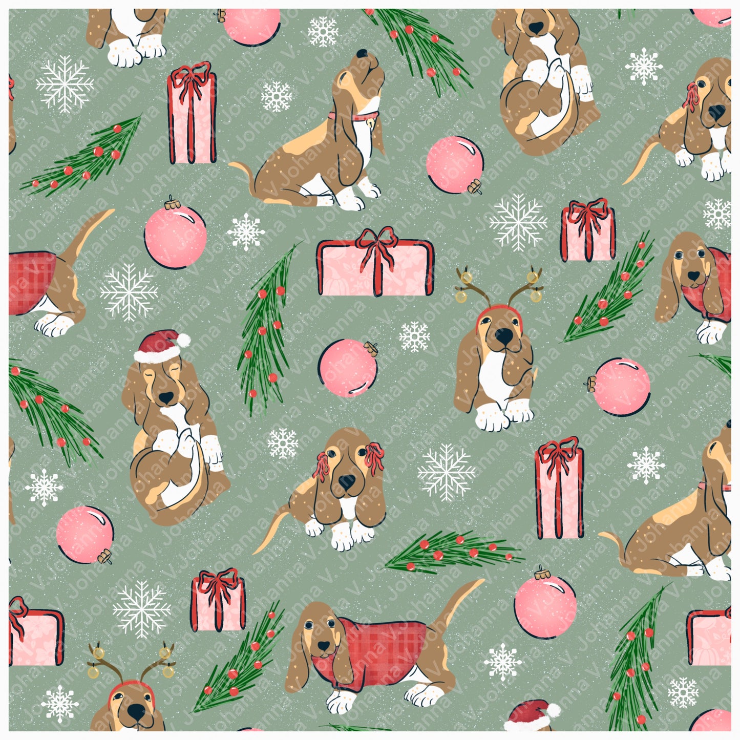 Christmas Basset Hound Seamless Pattern Bundle Green | Ornaments, Lights, Gifts & Candy Canes | 12x12” PNGs | Digital Download