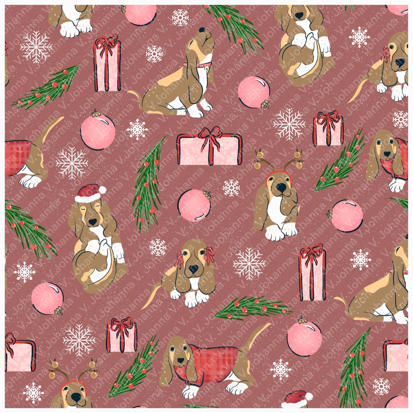 Christmas Basset Hound Seamless Pattern Bundle Mauve | Ornaments, Lights, Gifts & Candy Canes | 12x12” PNGs | Digital Download