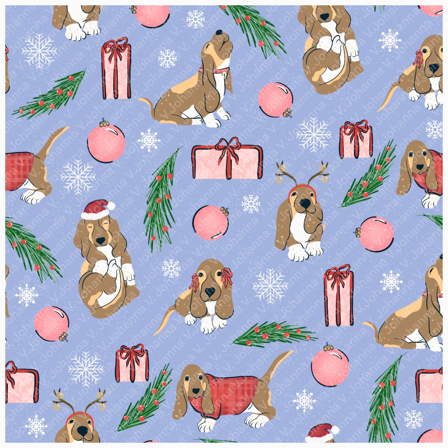 Christmas Basset Hound Seamless Pattern Bundle Purple | Ornaments, Lights, Gifts & Candy Canes | 12x12” PNGs | Digital Download