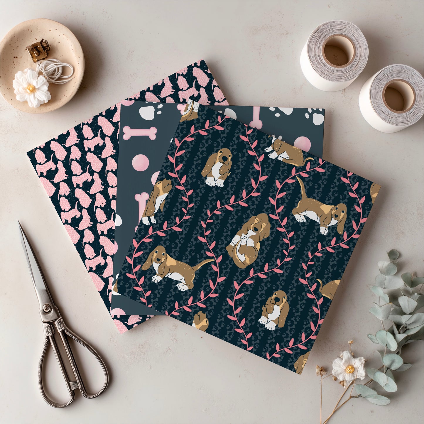 Basset Hound Seamless Pattern Bundle Black | Florals, Botanicals & Dog Toys | 12x12” PNGs | Digital Download