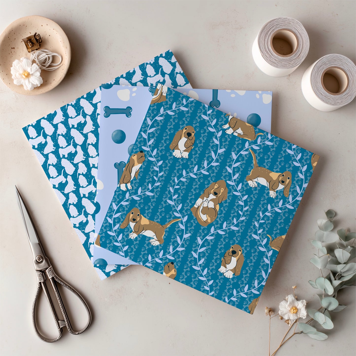 Basset Hound Seamless Pattern Bundle Blue | Florals, Botanicals & Dog Toys | 12x12” PNGs | Digital Download
