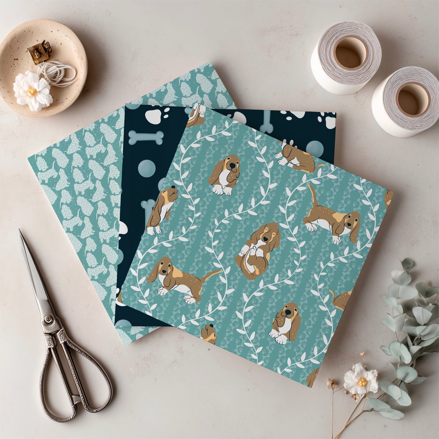 Basset Hound Seamless Pattern Bundle Blue Green | Florals, Botanicals & Dog Toys | 12x12” PNGs | Digital Download