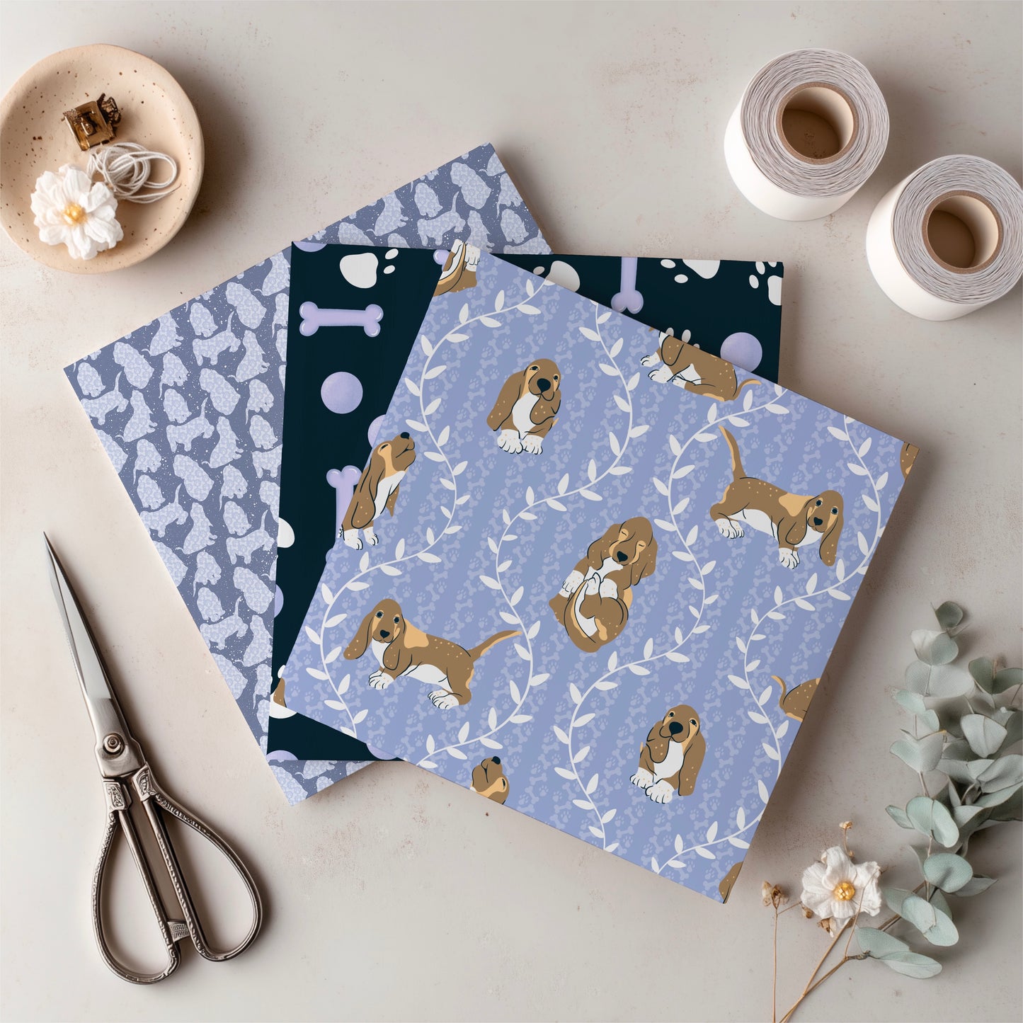 Basset Hound Seamless Pattern Bundle Purple | Florals, Botanicals & Dog Toys | 12x12” PNGs | Digital Download