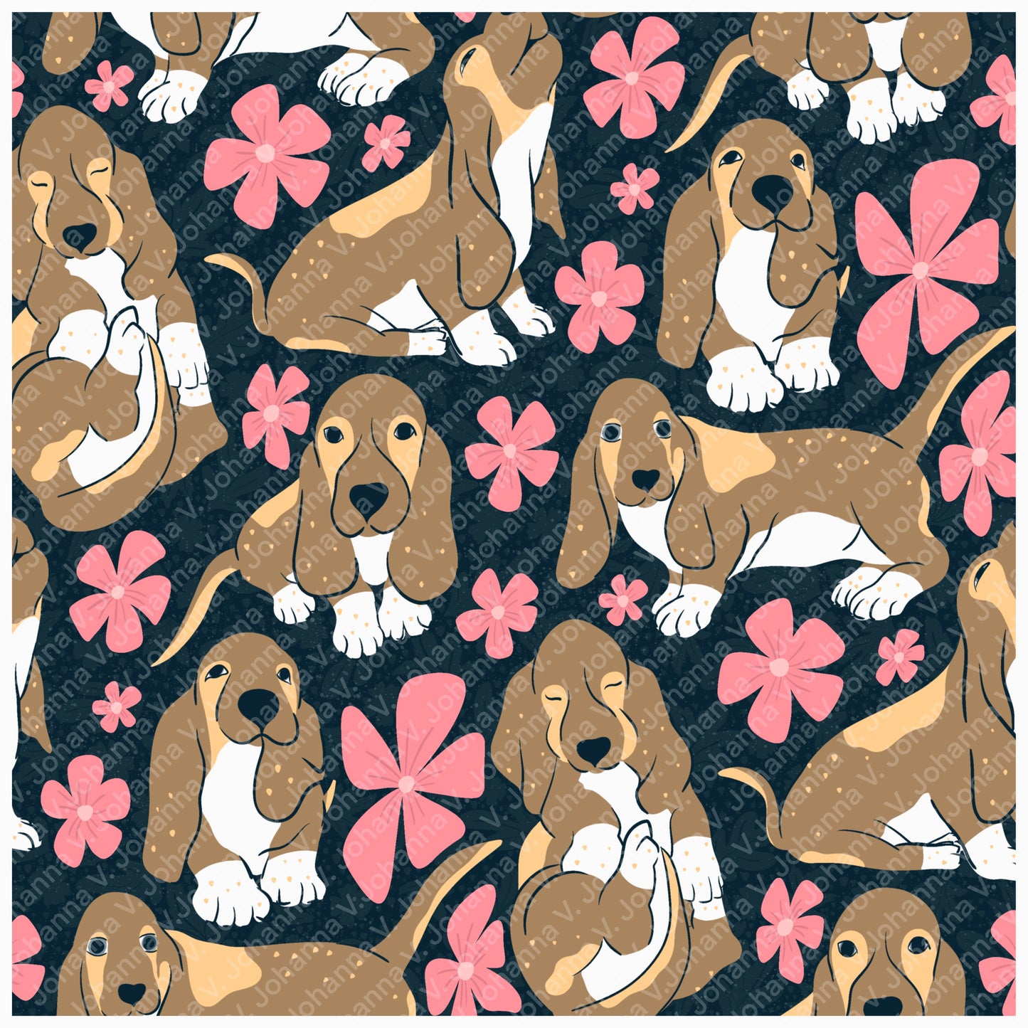Basset Hound Floral Seamless Pattern Black | Cute Dog Pattern | 12x12” PNG Digital Download