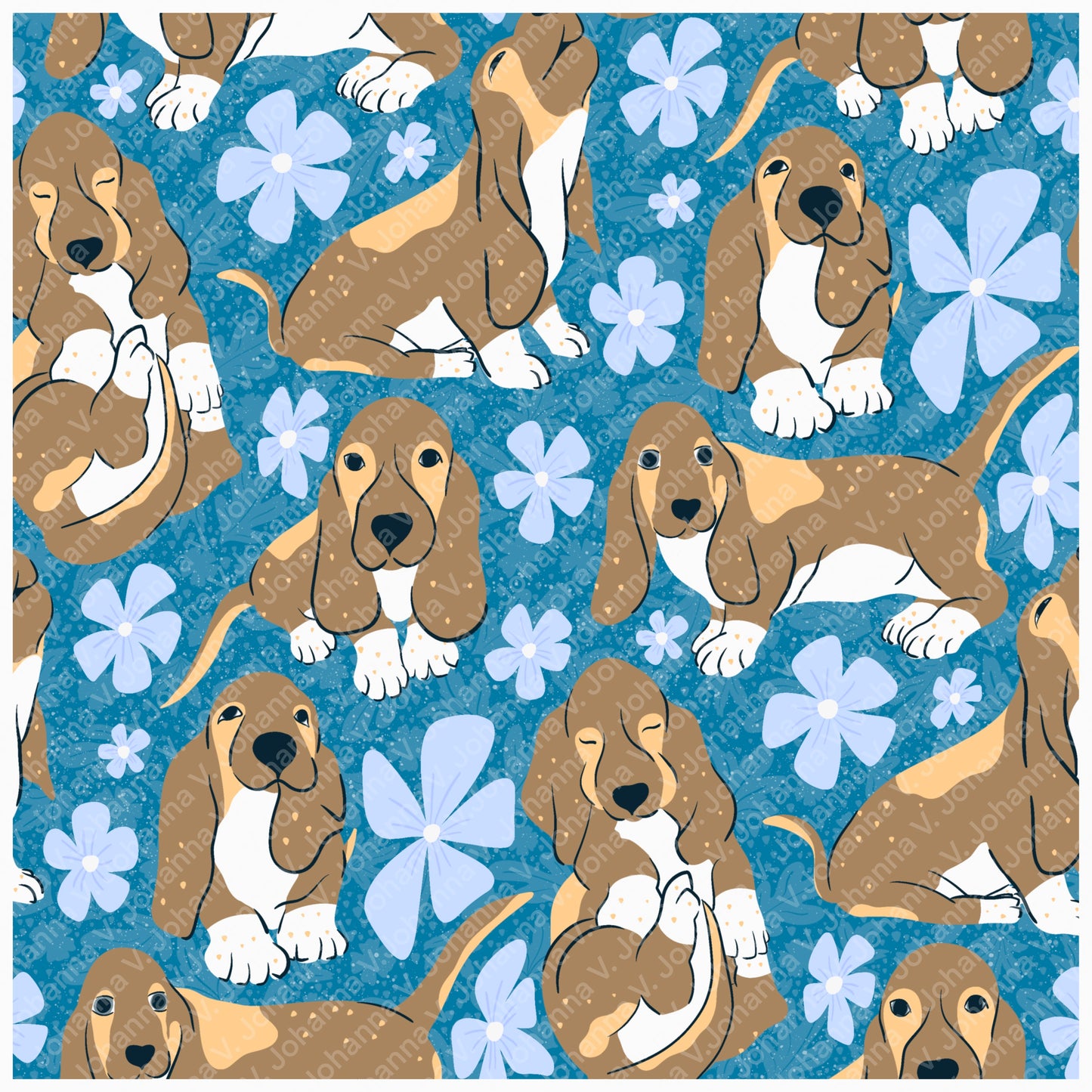 Basset Hound Floral Seamless Pattern Blue | Cute Dog Pattern | 12x12” PNG Digital Download