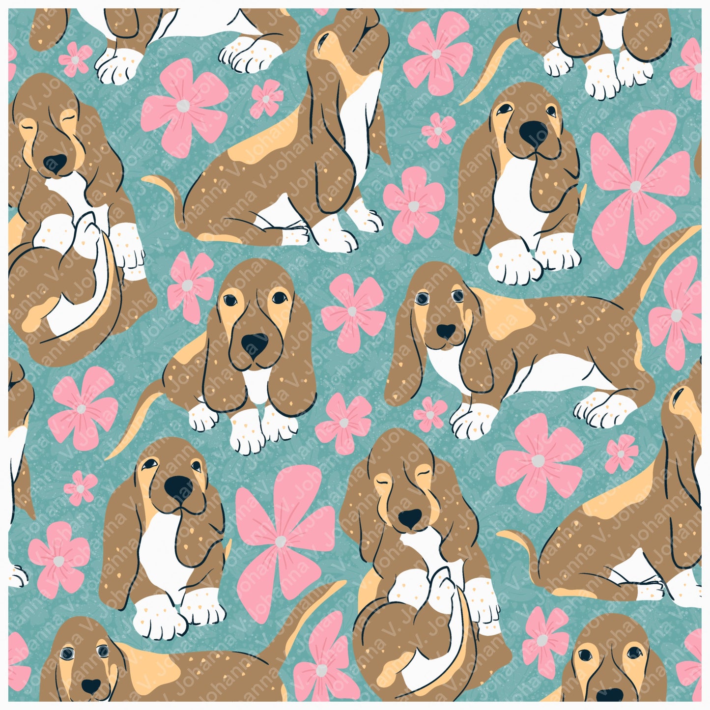 Basset Hound Seamless Pattern Bundle Blue Green | Florals, Botanicals & Dog Toys | 12x12” PNGs | Digital Download