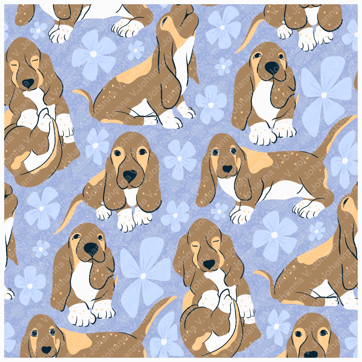 Basset Hound Floral Seamless Pattern Purple | Cute Dog Pattern | 12x12” PNG Digital Download