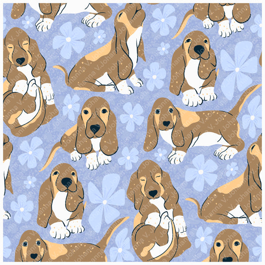 Basset Hound Floral Seamless Pattern Purple | Cute Dog Pattern | 12x12” PNG Digital Download