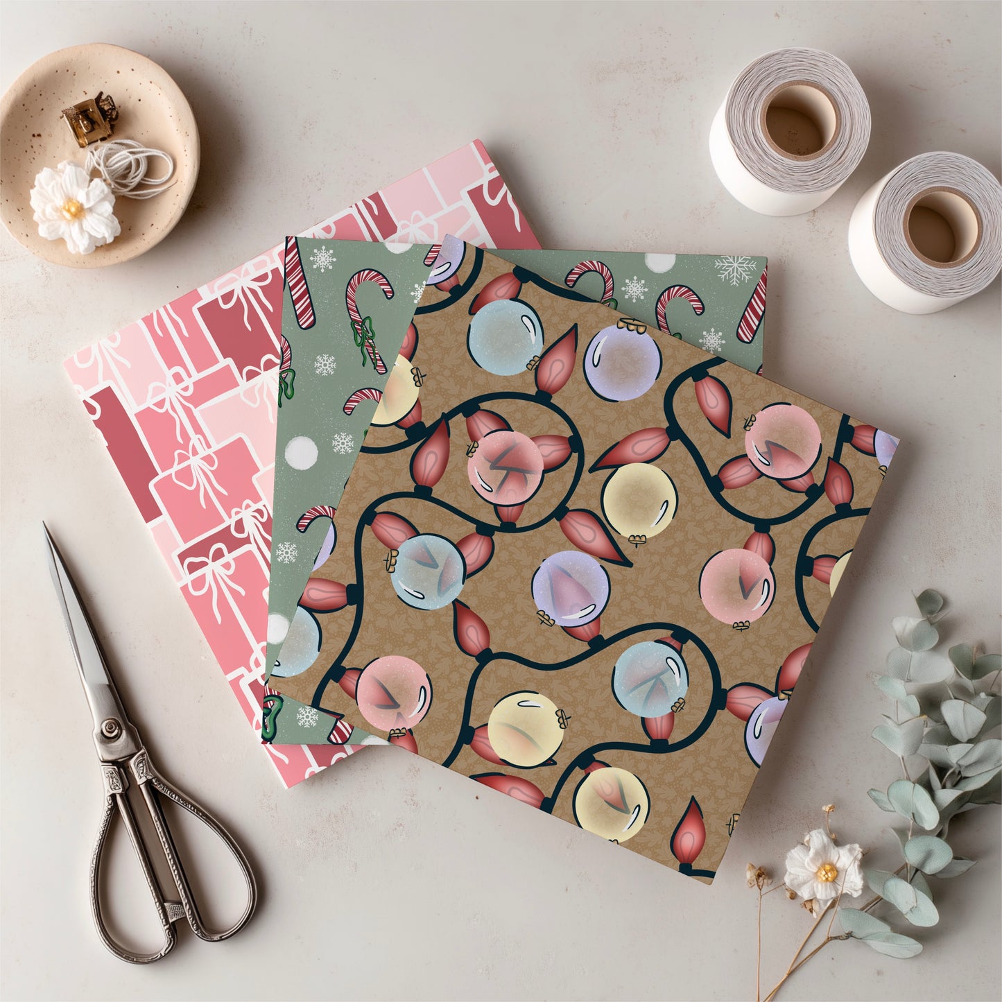 Christmas Basset Hound Seamless Pattern Bundle Green | Ornaments, Lights, Gifts & Candy Canes | 12x12” PNGs | Digital Download