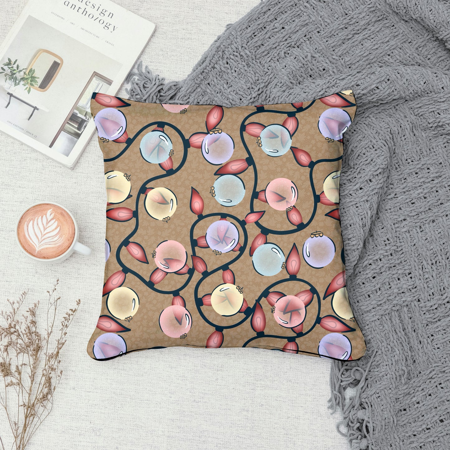 Christmas Ornaments & Lights Seamless Pattern Brown | Holiday Digital Design | 12x12” PNG