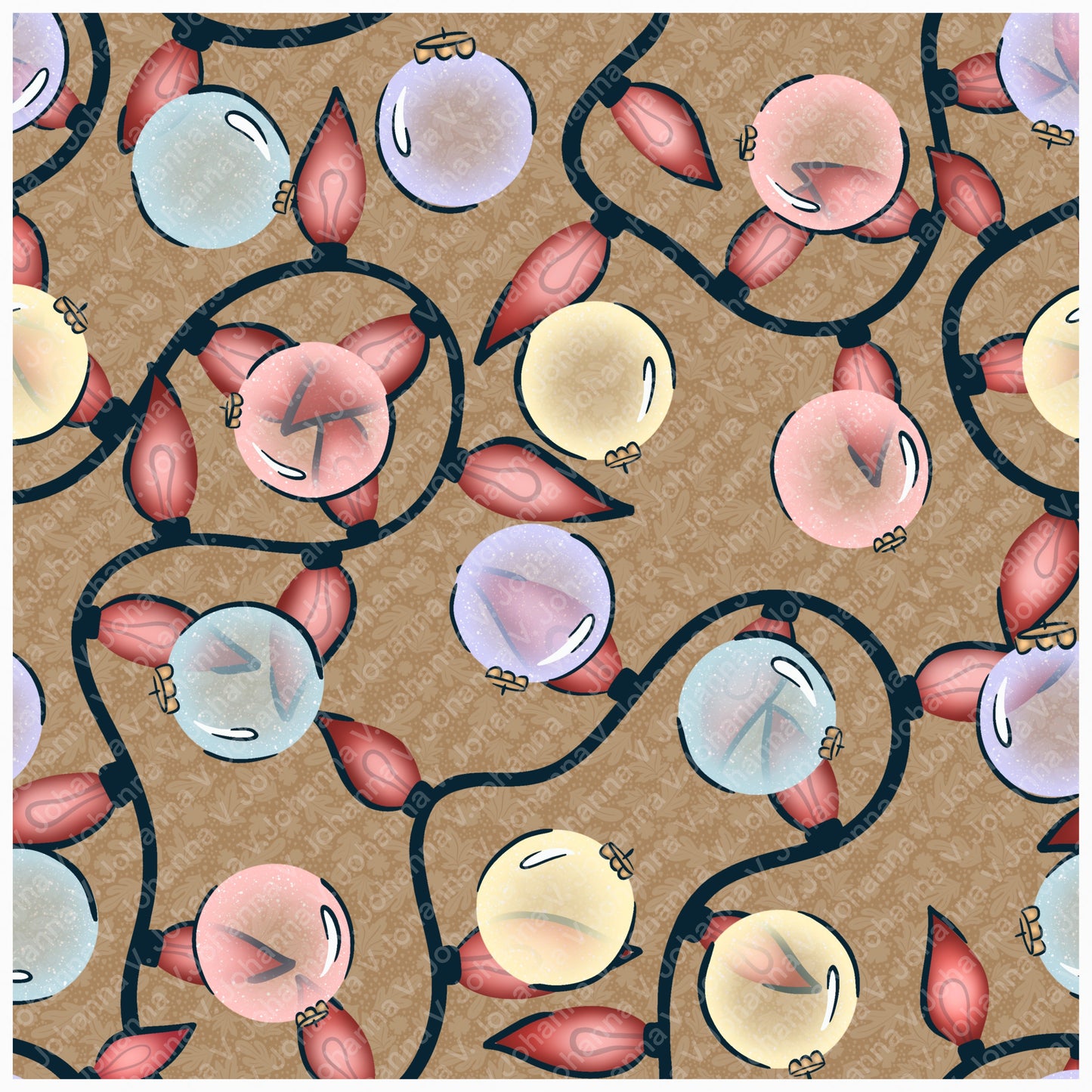 Christmas Ornaments & Lights Seamless Pattern Brown | Holiday Digital Design | 12x12” PNG