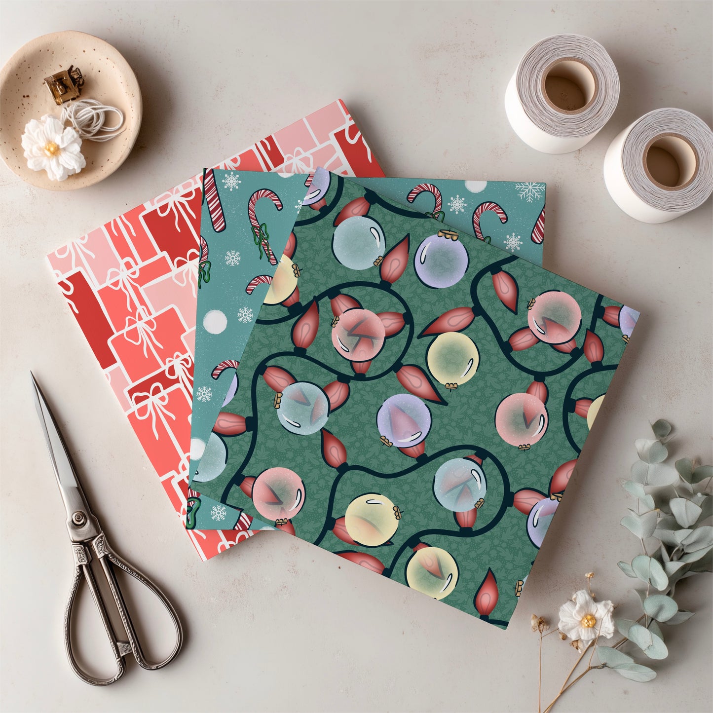 Christmas Basset Hound Seamless Pattern Bundle Blue Green | Ornaments, Lights, Gifts & Candy Canes | 12x12” PNGs | Digital Download