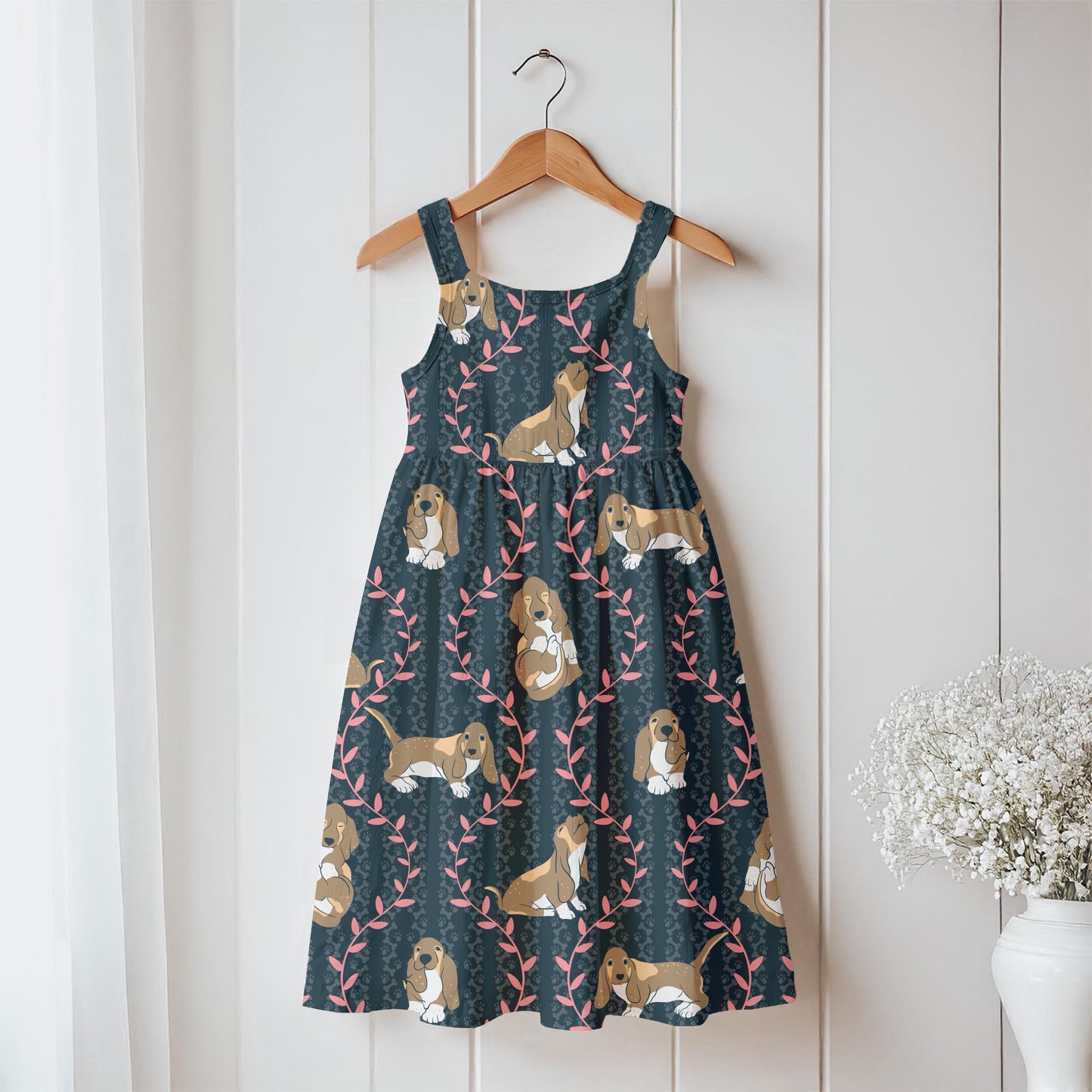 Basset Hound & Botanical Vines Seamless Pattern Black | Cute Dog Pattern | 12x12” PNG Digital Download