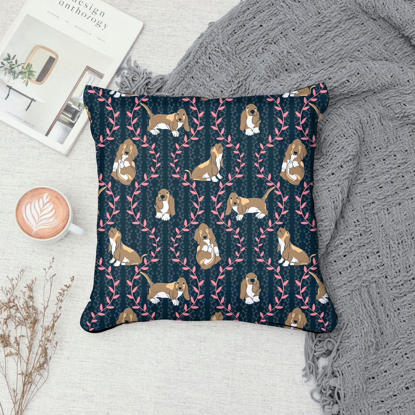 Basset Hound Seamless Pattern Bundle Black | Florals, Botanicals & Dog Toys | 12x12” PNGs | Digital Download