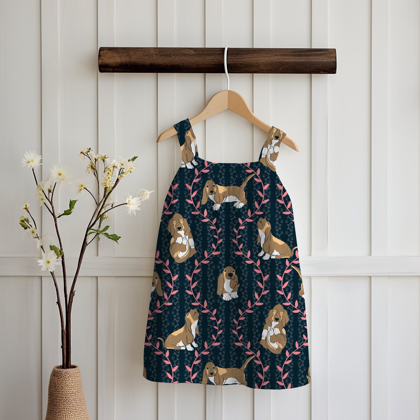 Basset Hound & Botanical Vines Seamless Pattern Black | Cute Dog Pattern | 12x12” PNG Digital Download