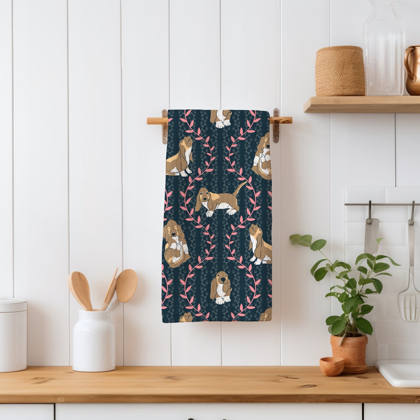 Basset Hound & Botanical Vines Seamless Pattern Black | Cute Dog Pattern | 12x12” PNG Digital Download