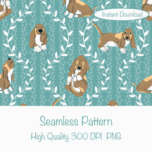 Basset Hound & Botanical Vines Seamless Pattern Blue Green | Cute Dog Pattern | 12x12” PNG Digital Download