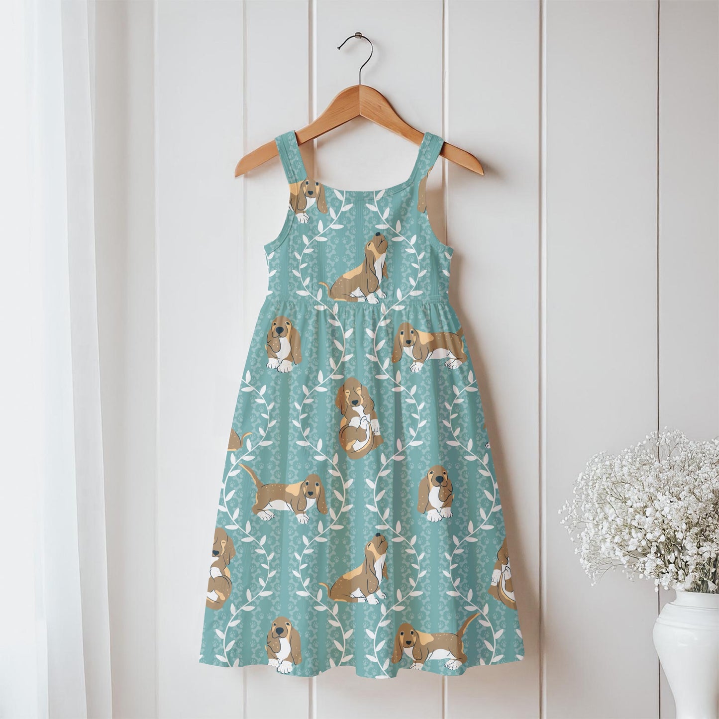 Basset Hound & Botanical Vines Seamless Pattern Blue Green | Cute Dog Pattern | 12x12” PNG Digital Download