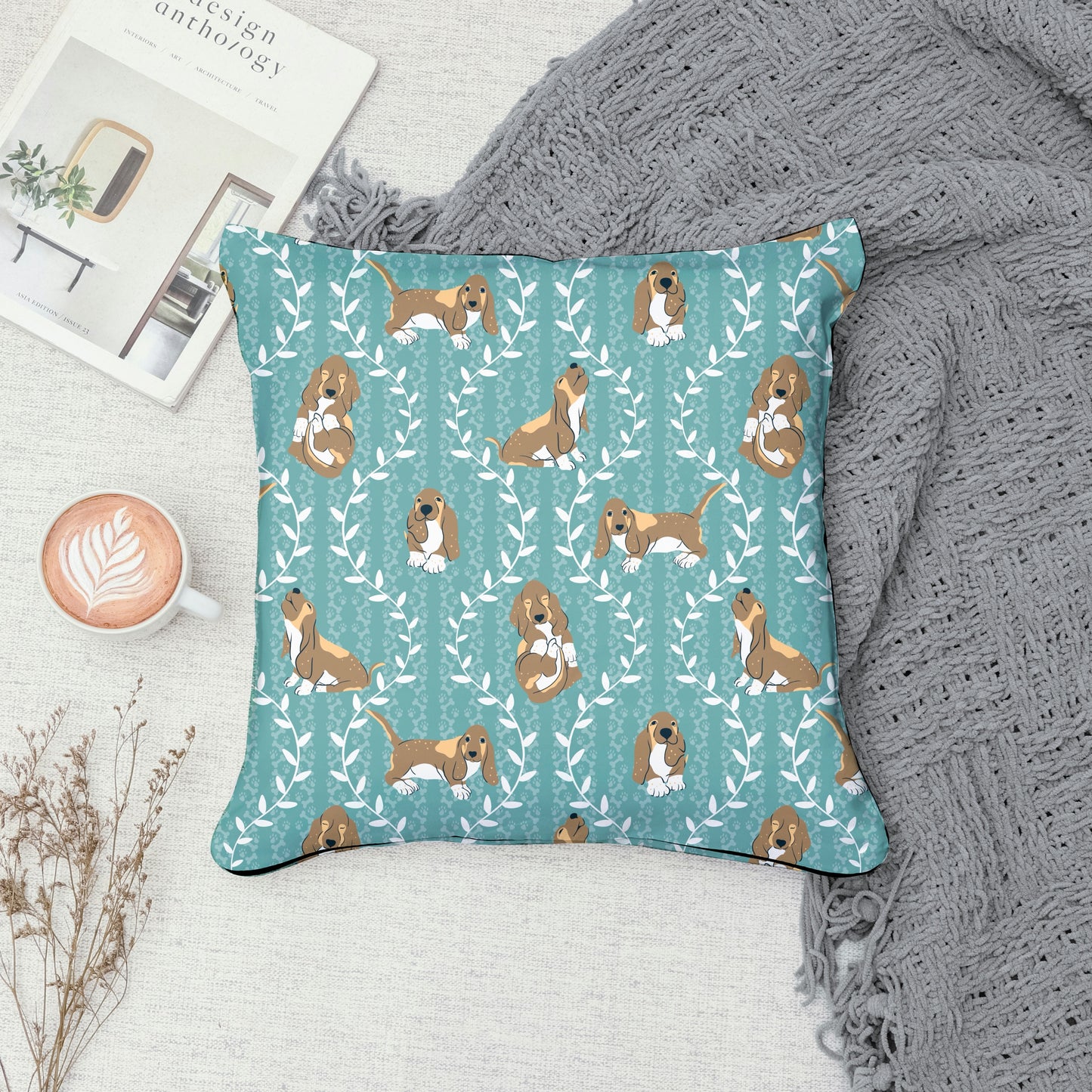 Basset Hound Seamless Pattern Bundle Blue Green | Florals, Botanicals & Dog Toys | 12x12” PNGs | Digital Download