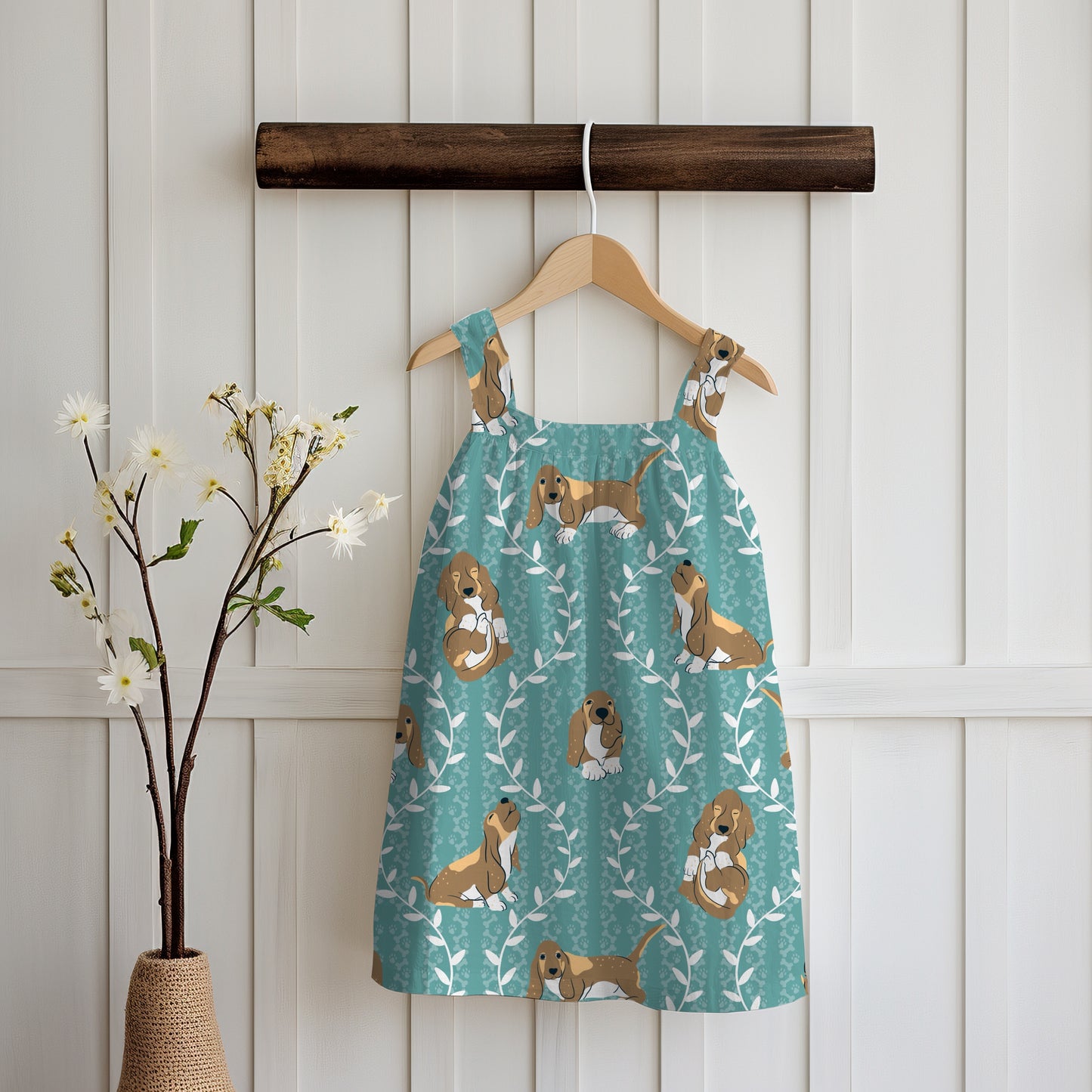 Basset Hound & Botanical Vines Seamless Pattern Blue Green | Cute Dog Pattern | 12x12” PNG Digital Download