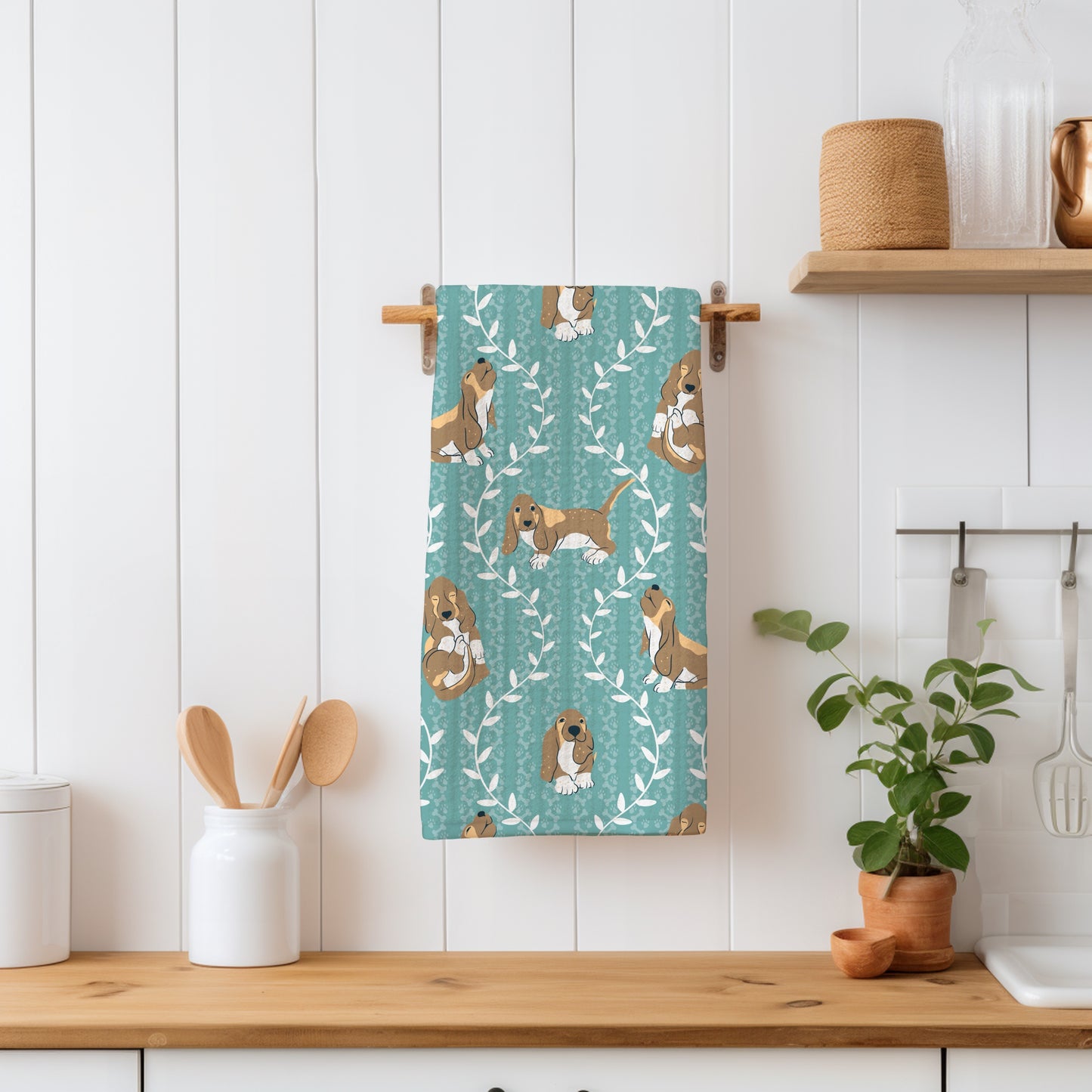 Basset Hound & Botanical Vines Seamless Pattern Blue Green | Cute Dog Pattern | 12x12” PNG Digital Download