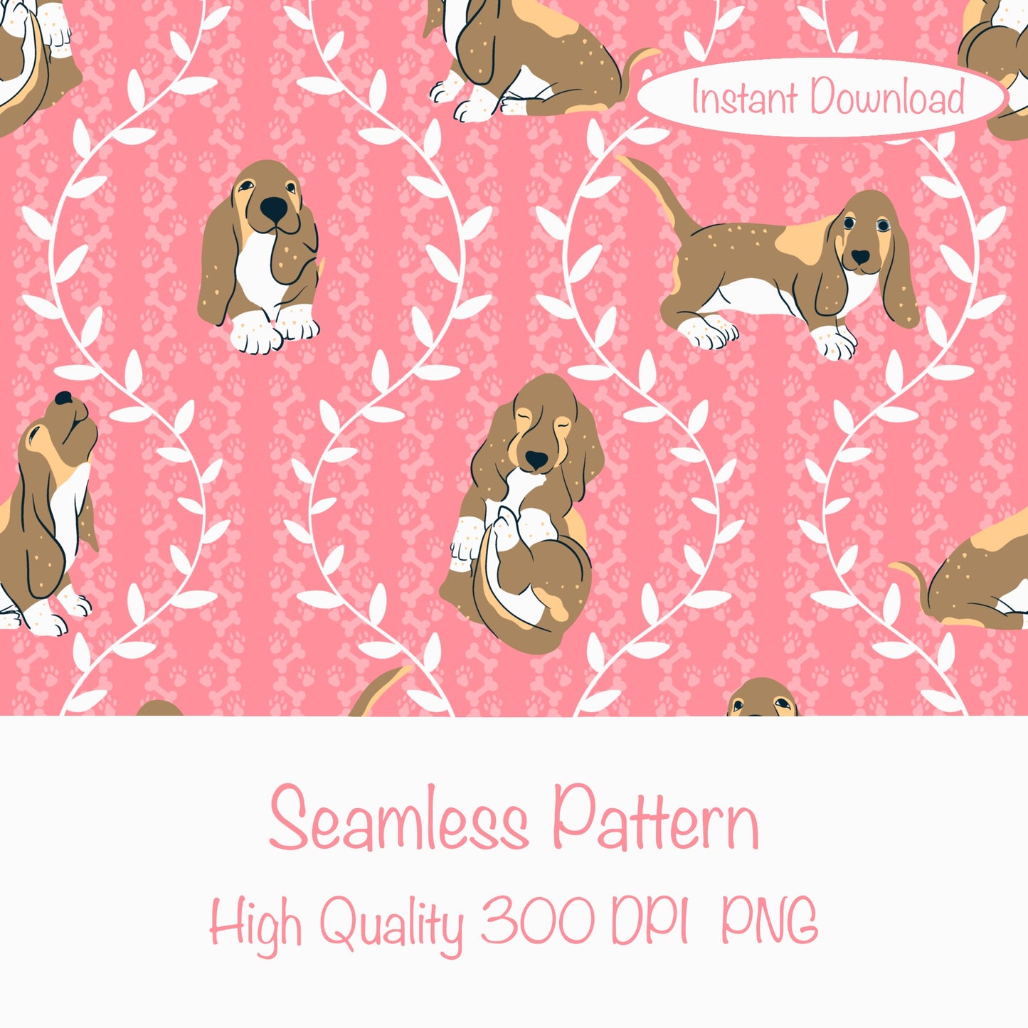 Basset Hound & Botanical Vines Seamless Pattern Pink | Cute Dog Pattern | 12x12” PNG Digital Download