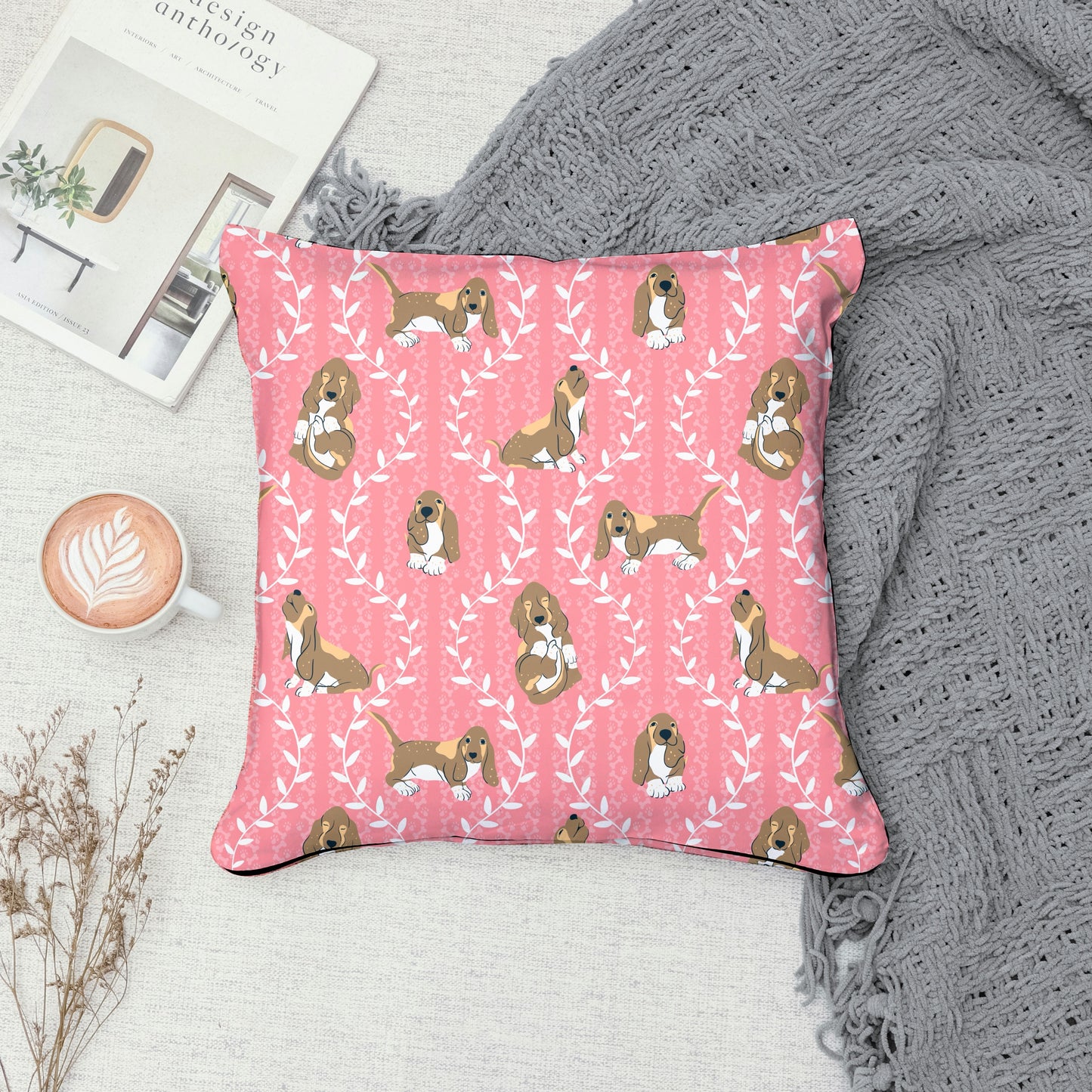 Basset Hound & Botanical Vines Seamless Pattern Pink | Cute Dog Pattern | 12x12” PNG Digital Download