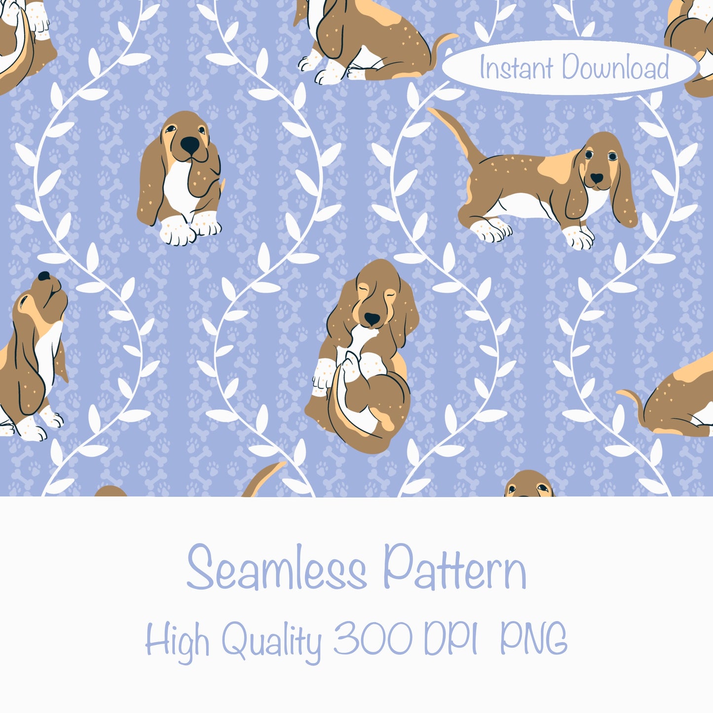Basset Hound & Botanical Vines Seamless Pattern Purple | Cute Dog Pattern | 12x12” PNG Digital Download