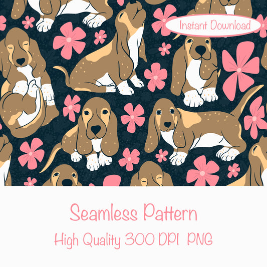 Basset Hound Floral Seamless Pattern Black | Cute Dog Pattern | 12x12” PNG Digital Download