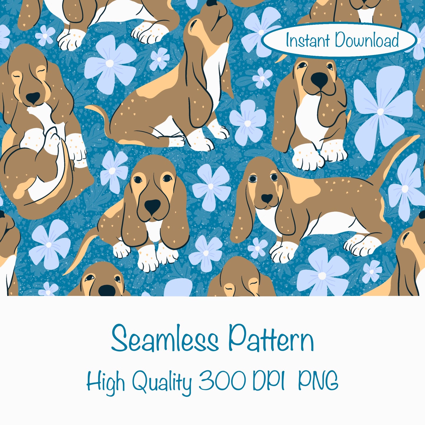 Basset Hound Floral Seamless Pattern Blue | Cute Dog Pattern | 12x12” PNG Digital Download