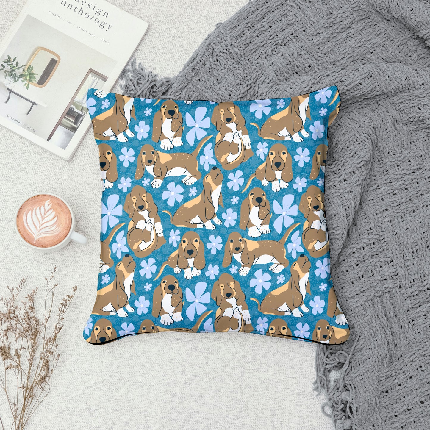 Basset Hound Floral Seamless Pattern Blue | Cute Dog Pattern | 12x12” PNG Digital Download