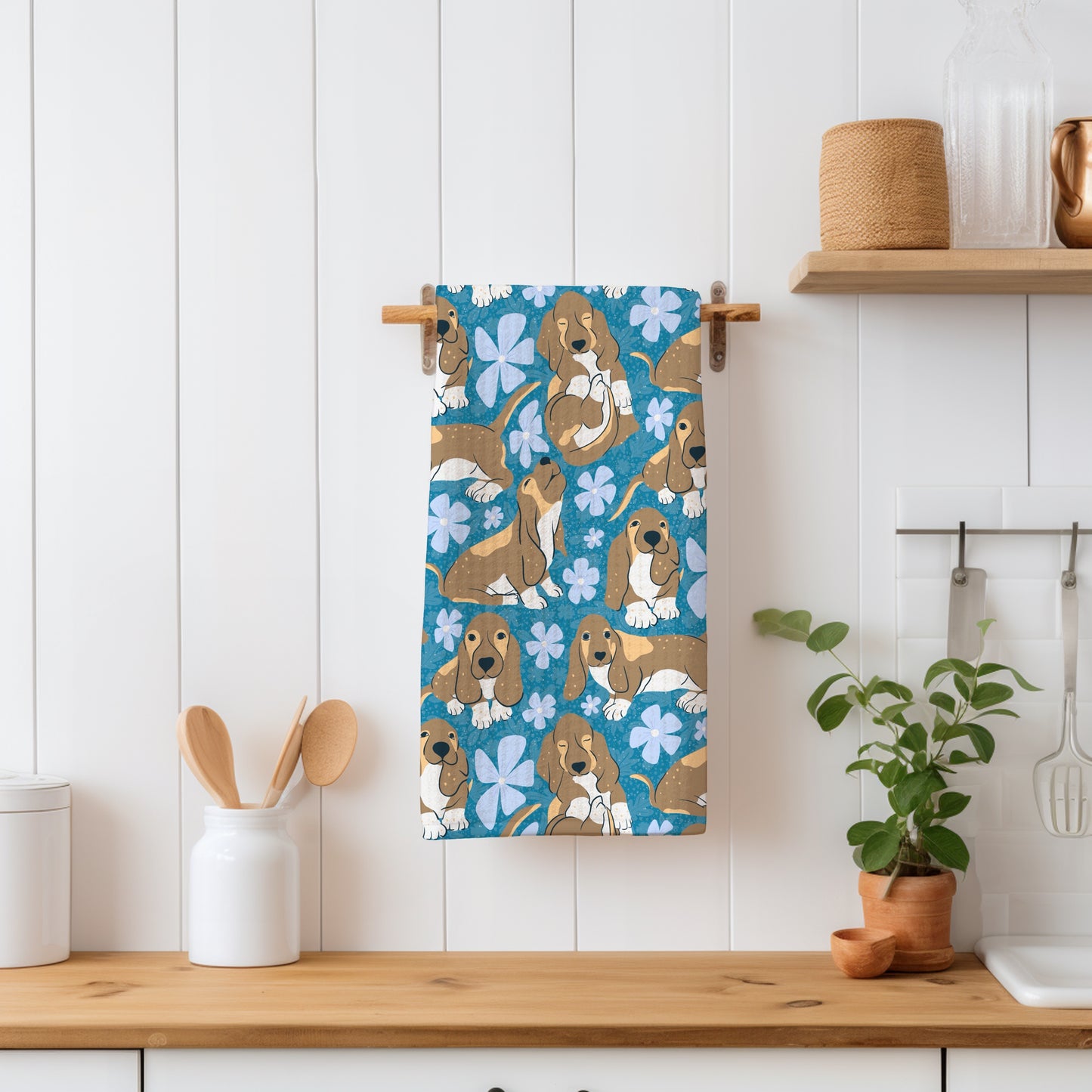 Basset Hound Floral Seamless Pattern Blue | Cute Dog Pattern | 12x12” PNG Digital Download