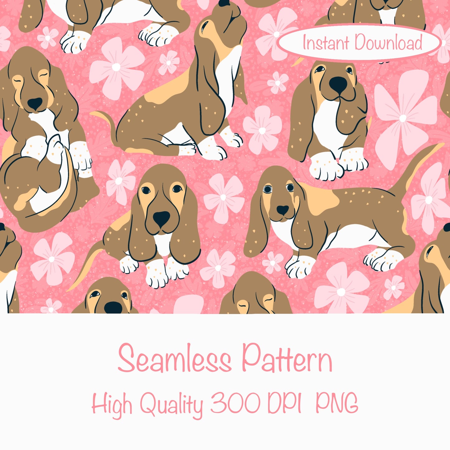Basset Hound Floral Seamless Pattern Pink | Cute Dog Pattern | 12x12” PNG Digital Download