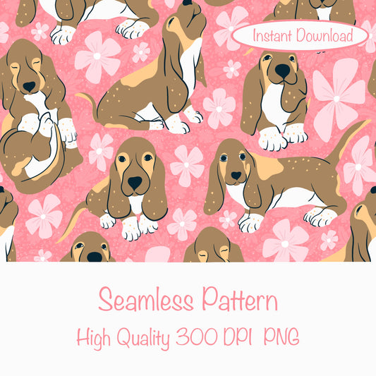 Basset Hound Floral Seamless Pattern Pink | Cute Dog Pattern | 12x12” PNG Digital Download