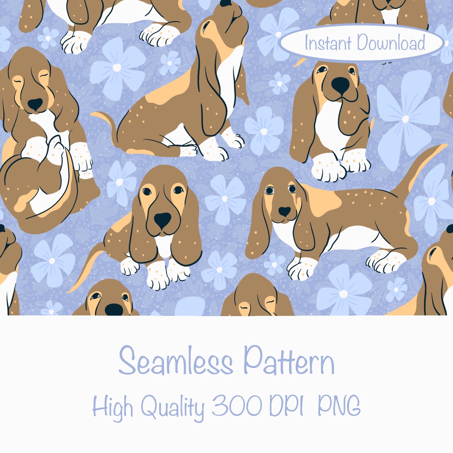 Basset Hound Floral Seamless Pattern Purple | Cute Dog Pattern | 12x12” PNG Digital Download