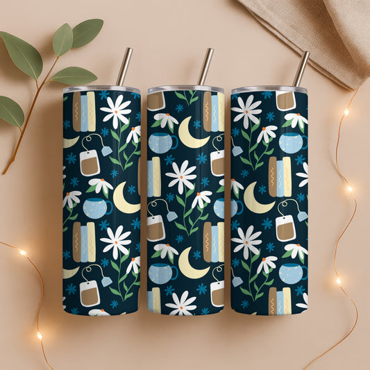 Cottagecore Tumbler Wrap PNG | Moons, Tea, Books & Flowers | 20oz Skinny Cup Design