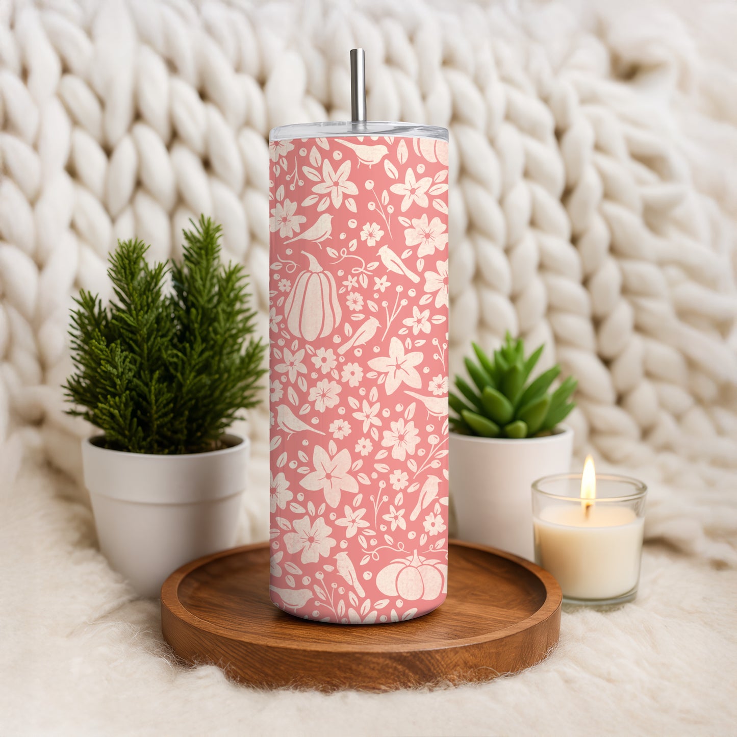Winter Pumpkins & Birds Tumbler Wrap PNG | Floral 20oz Skinny Tumbler Design