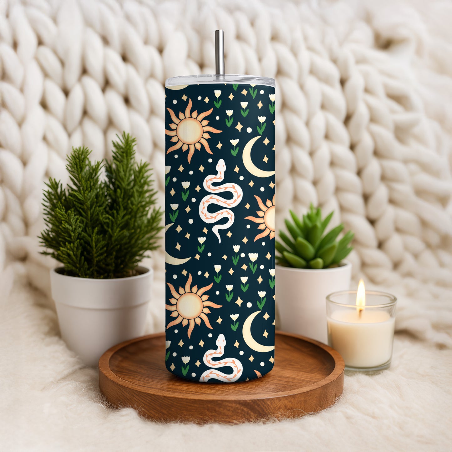 Celestial Boho Tumbler Wrap PNG | Suns, Moons, Stars & Snakes | 20oz Skinny Cup Design