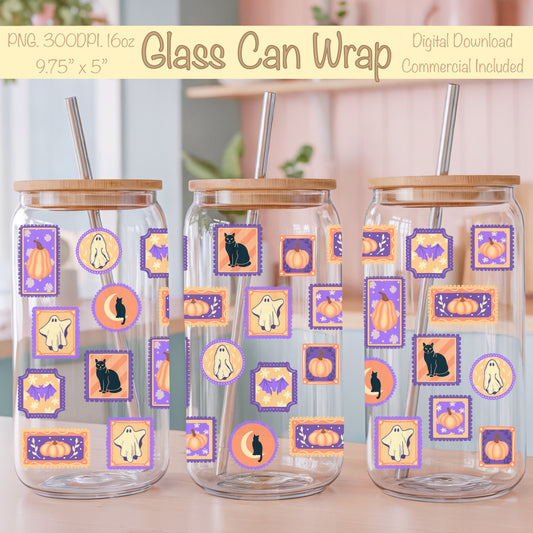 Vintage Halloween Postage Stamp Glass Can Wrap PNG | 16oz Libbey Cup Design
