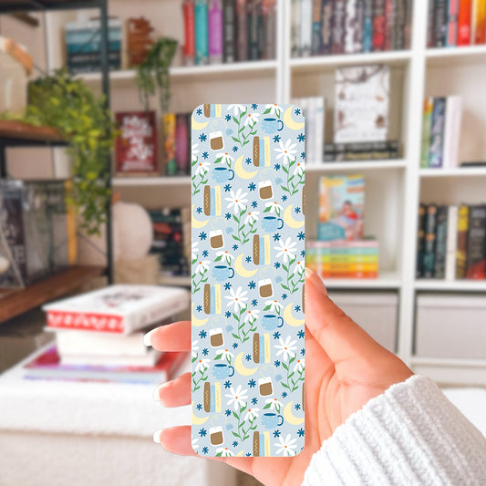Cottagecore Printable Bookmark with Moons, Flowers, Tea & Books – Digital Download | 2 PDF Files, 2x7” at 300 DPI | Commercial Use