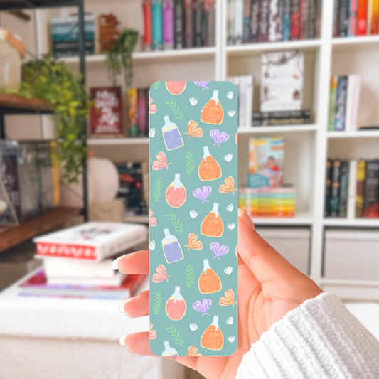 Whimsical Printable Bookmark with Flowers, Moths & Potions Green – Digital Download | 2 PDF Files, 2x7” at 300 DPI | Commercial Use